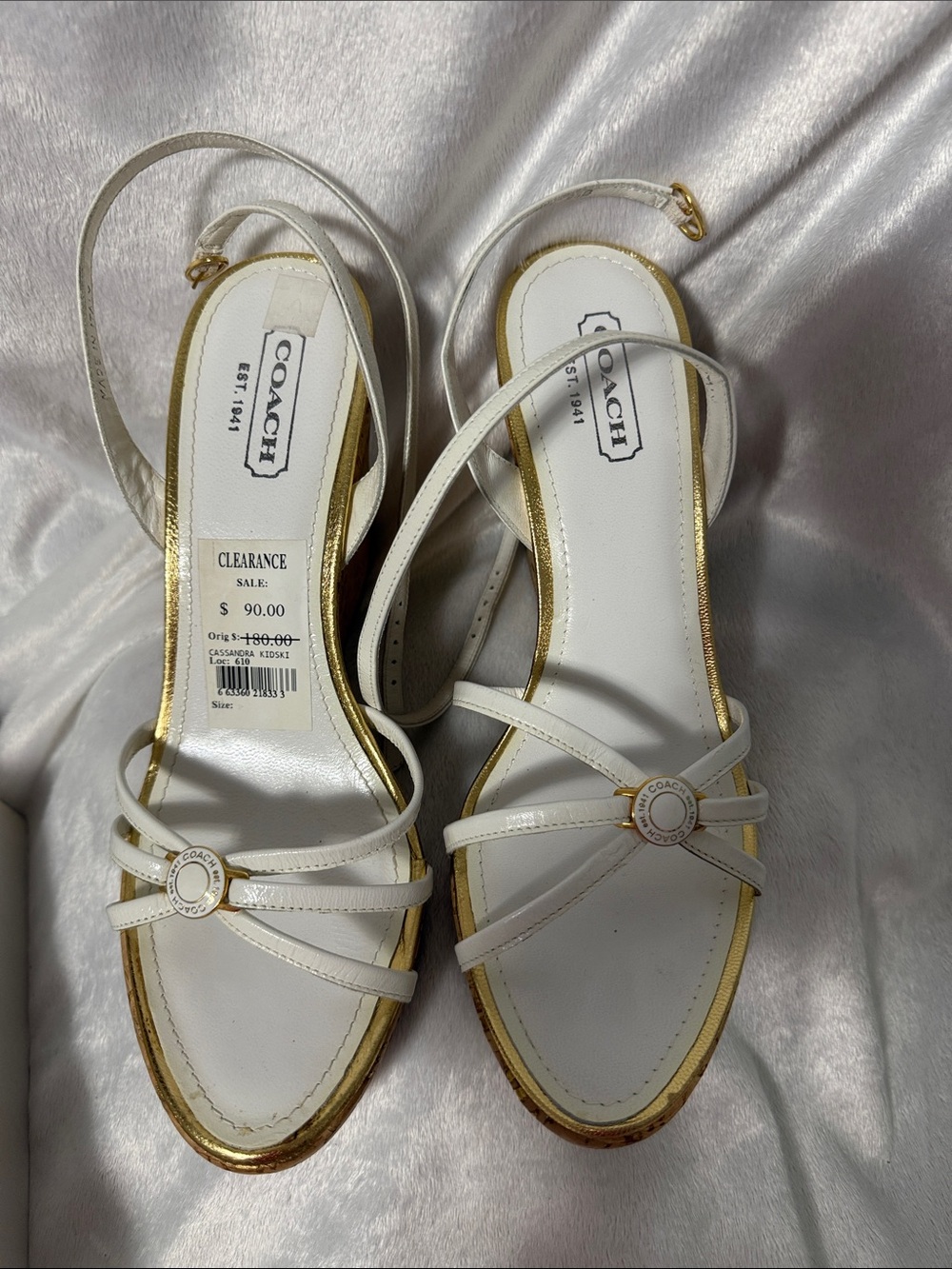 COACH White Leather Strappy Slingback Sandals with Gold Trim